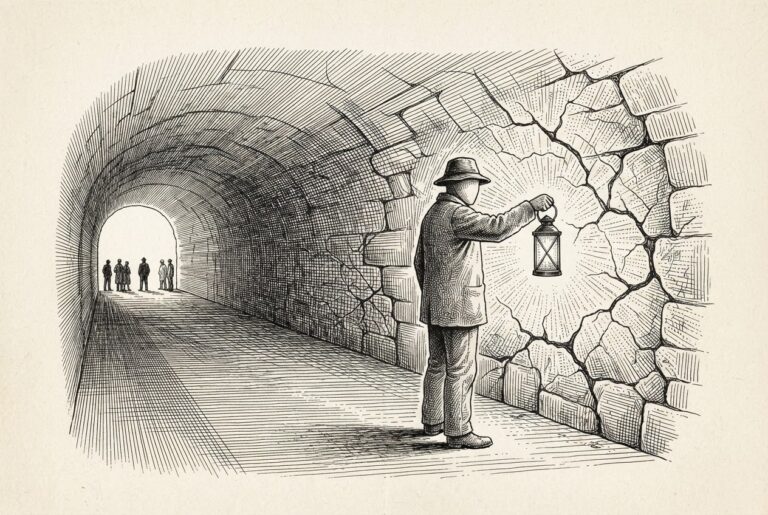 A faceless figure carrying a lantern inside a stone tunnel, illuminating cracks in the walls while distant outside observers cannot see the interior threats — metaphor for interpretability-based security protecting the agent from within.