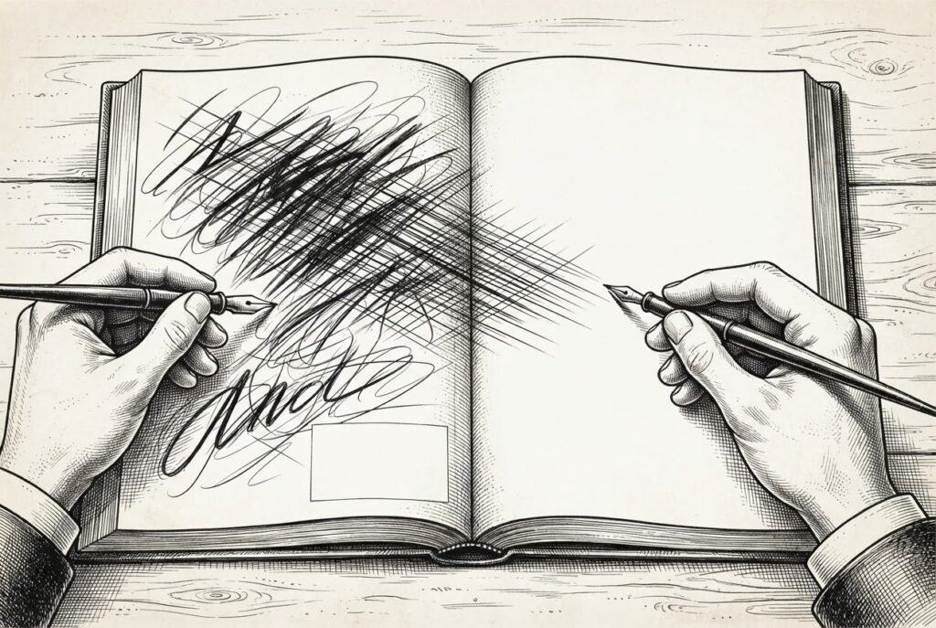 A large flat manuscript seen from above, with six proposal blocks — two circled in fine pen (kept) and four crossed out with thick diagonal strokes (rejected).