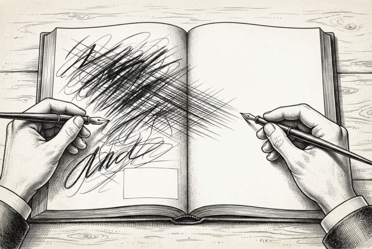 A large flat manuscript seen from above, with six proposal blocks — two circled in fine pen (kept) and four crossed out with thick diagonal strokes (rejected).