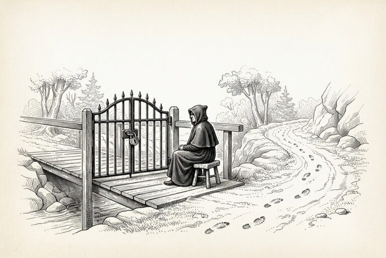 An engraving of a narrow toll bridge with a heavy locked gate and a hooded gatekeeper seated beside it. To the right, a wider dirt path bypasses the gate entirely, with footprints leading down that route.