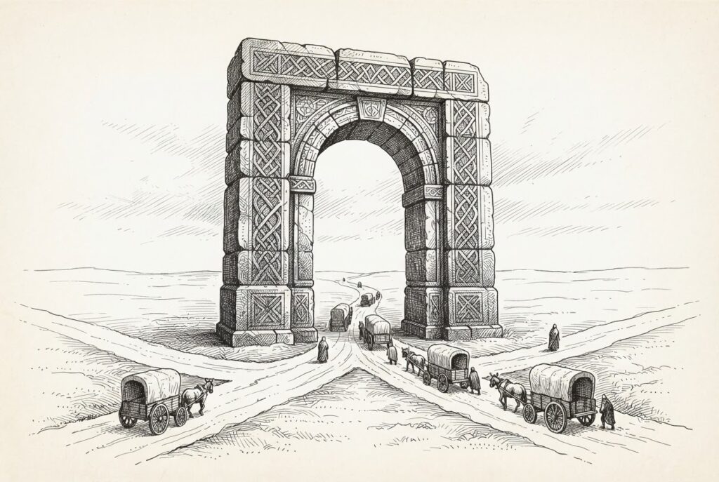 A monumental stone gateway arch spanning a crossroads where small faceless figures and unmarked cargo carriages approach from converging paths - the gateway as a point of comprehension, not mere passage.