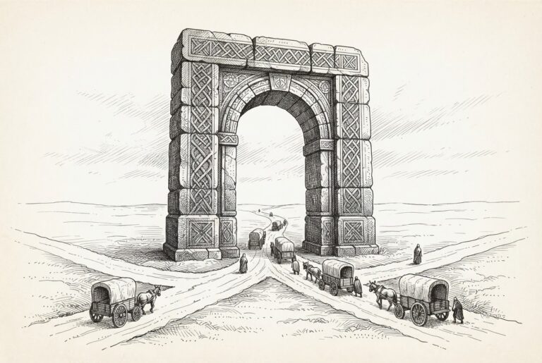 A monumental stone gateway arch spanning a crossroads where small faceless figures and unmarked cargo carriages approach from converging paths - the gateway as a point of comprehension, not mere passage.