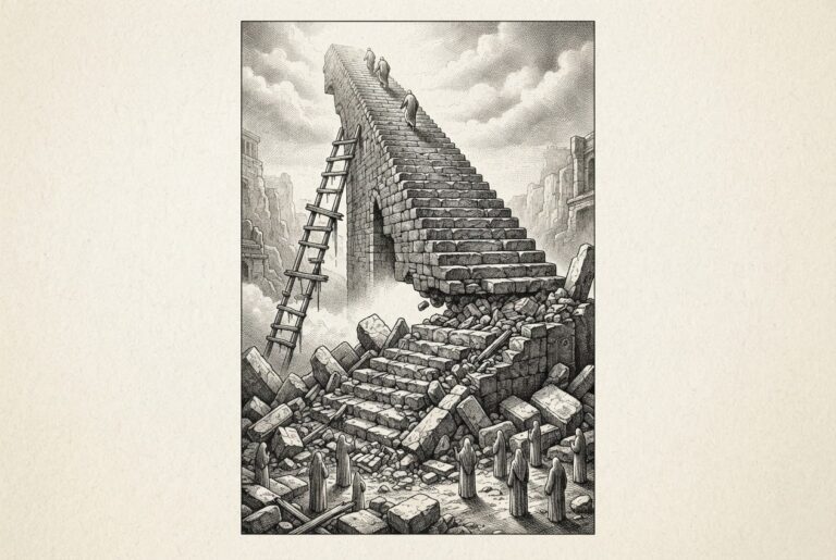 A tall stone stairway whose lowest steps have crumbled into rubble, with small figures stranded at the base looking up at the missing steps while others climb above - the access ladder losing its rungs.
