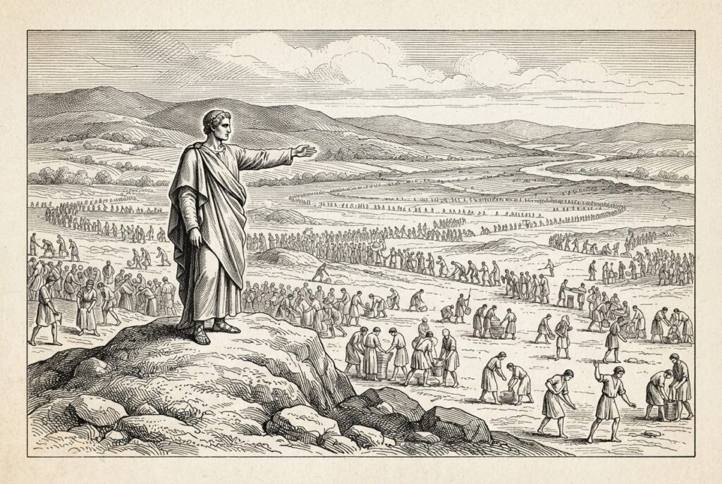 A robed commanding figure stands on a rocky rise pointing outward over a broad plain filled with hundreds of small figures working in long lines, distant hills and a river beyond - one orchestrator directing many workers, rendered as a monochrome pen-and-ink engraving.