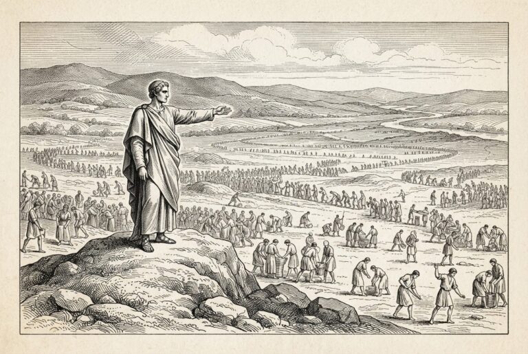 A robed commanding figure stands on a rocky rise pointing outward over a broad plain filled with hundreds of small figures working in long lines, distant hills and a river beyond - one orchestrator directing many workers, rendered as a monochrome pen-and-ink engraving.