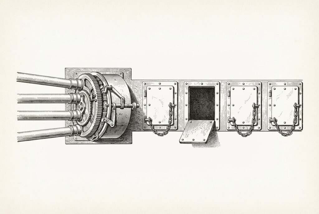 A hand-drawn engraving of an unmanned routing mechanism: four incoming channels feeding a selector drum, with four of five exit hatches sealed shut by chained covers and only one pushed open.