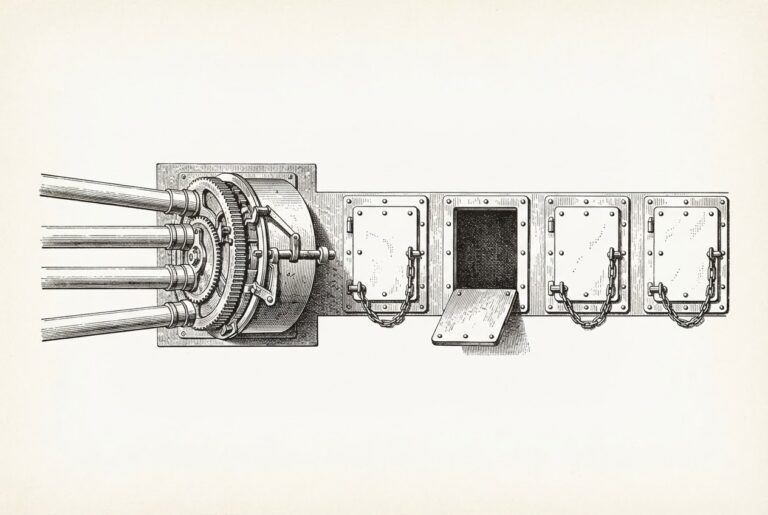 A hand-drawn engraving of an unmanned routing mechanism: four incoming channels feeding a selector drum, with four of five exit hatches sealed shut by chained covers and only one pushed open.