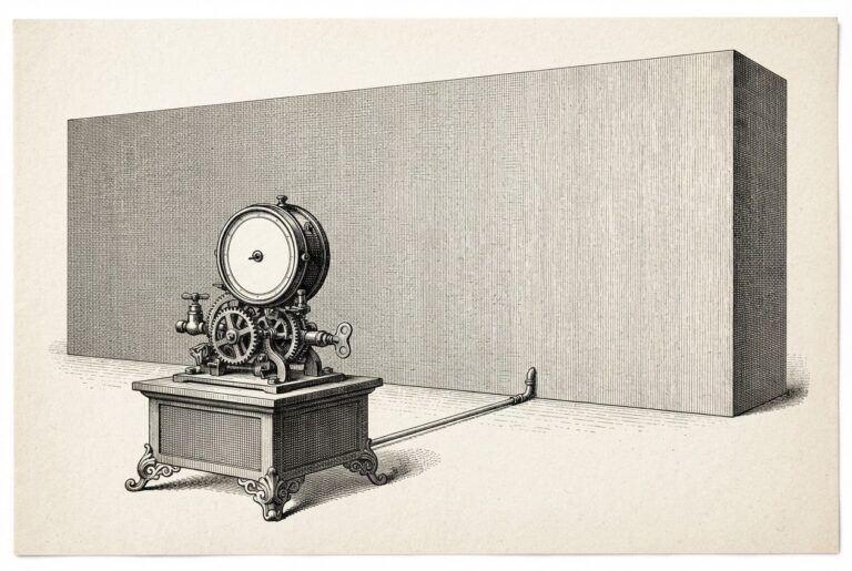 A hand-drawn editorial engraving of a small ornate antique meter with a blank dial face connected by a thin pipe to an enormous smooth featureless wall, symbolizing published pricing controlling hidden usage volume.