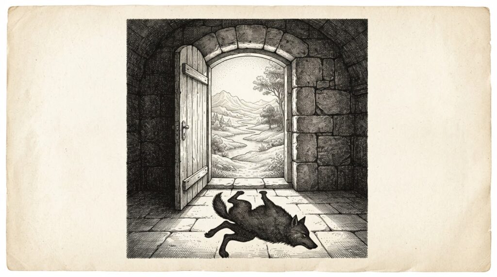 A doorway flooded with light reveals a pristine landscape, but the doorway's shadow on the ground takes the shape of a wolf — discovery and danger as inseparable consequences of opening doors.
