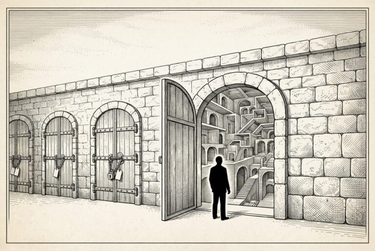 Pen-and-ink engraving of a single ornate key being inserted into a vast wall of diverse locks, each representing a different smart home integration — one protocol unlocking everything.