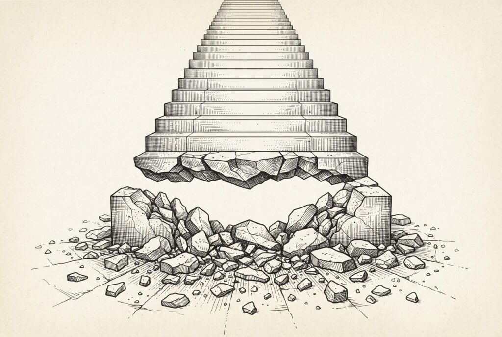 A grand stone staircase viewed from below where the bottom step has shattered into fragments while the steps above remain solid and intact — the pricing floor collapsing beneath the small-model tier