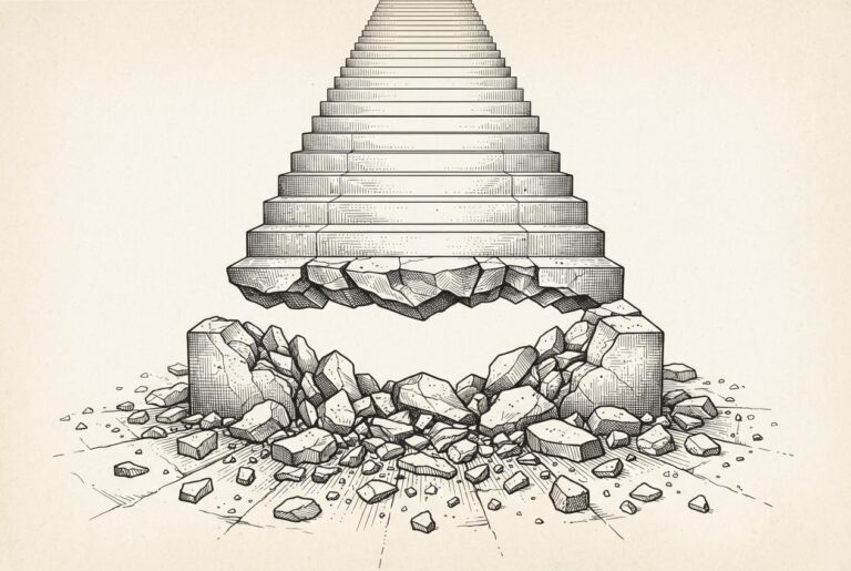 A grand stone staircase viewed from below where the bottom step has shattered into fragments while the steps above remain solid and intact — the pricing floor collapsing beneath the small-model tier