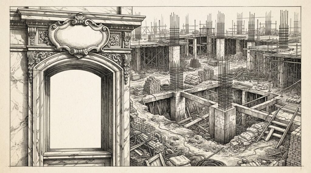 Monochrome pen-and-ink engraving of a polished marble window frame overlooking an unfinished construction site with bare foundations, exposed rebar, and open scaffolding. The ornate institutional frame contrasts with the incomplete infrastructure beneath.