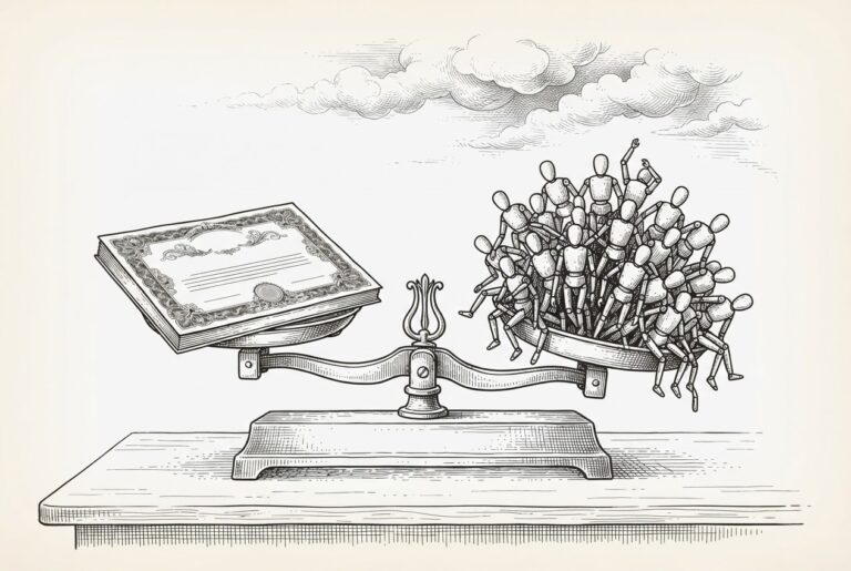 Monochrome pen-and-ink engraving of a balance scale with an ornate insurance policy document on one pan and a dense swarm of small faceless autonomous mechanical figures tipping the other pan - the scale mismatch between what insurers can cover and what agents can break.