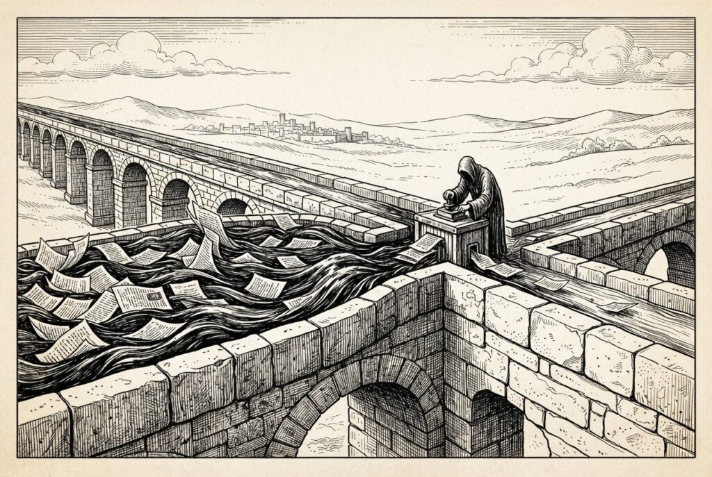 A vast stone aqueduct carries a torrent of ink-black water that narrows to a single gate where a faceless figure stamps each page - the review bottleneck restricting the flow of AI-generated code to actual software output.