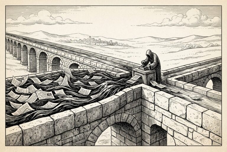 A vast stone aqueduct carries a torrent of ink-black water that narrows to a single gate where a faceless figure stamps each page - the review bottleneck restricting the flow of AI-generated code to actual software output.