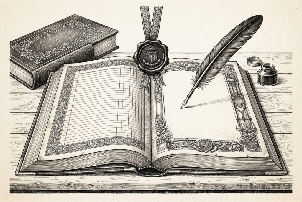 A monochrome pen-and-ink engraving of an ornate open ledger whose governing page is blank, a heavy wax seal on a ribbon suspended above the unwritten page, and a quill pen floating of its own accord poised above the blank line.