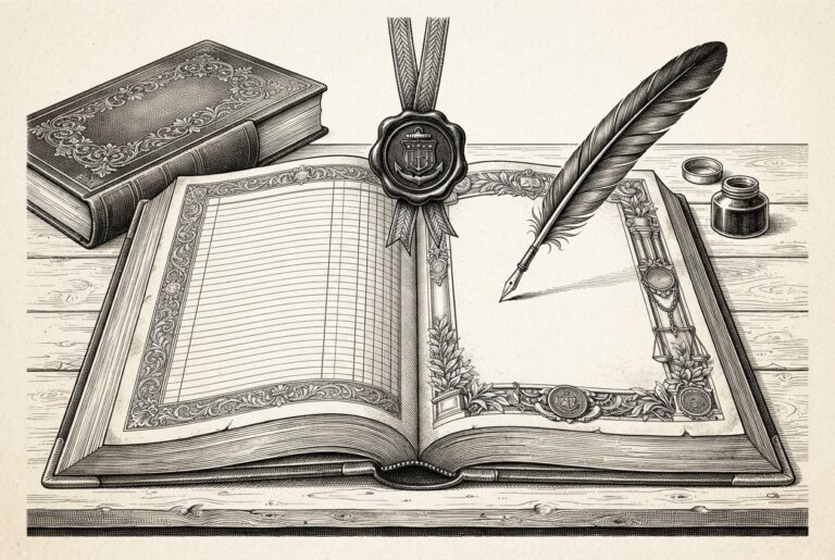 A monochrome pen-and-ink engraving of an ornate open ledger whose governing page is blank, a heavy wax seal on a ribbon suspended above the unwritten page, and a quill pen floating of its own accord poised above the blank line.