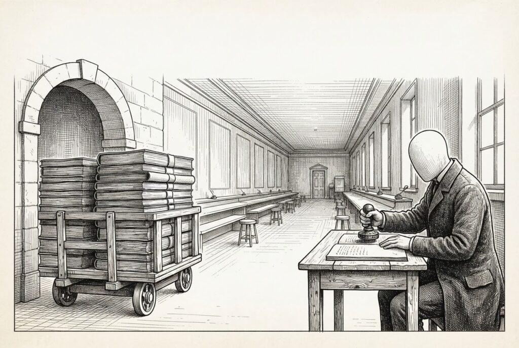 An unmanned trolley carries tall stacks of bound ledgers out through the arch of an emptied clerks' hall of abandoned benches while a single faceless clerk presses an oversight seal onto a small ledger.