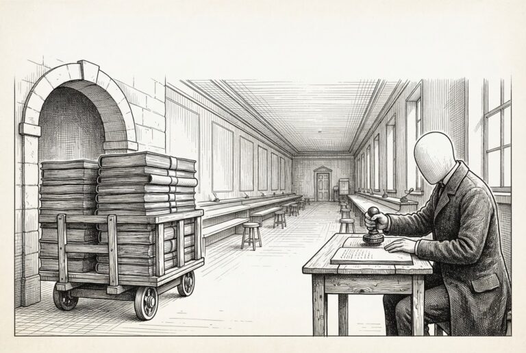 An unmanned trolley carries tall stacks of bound ledgers out through the arch of an emptied clerks' hall of abandoned benches while a single faceless clerk presses an oversight seal onto a small ledger.