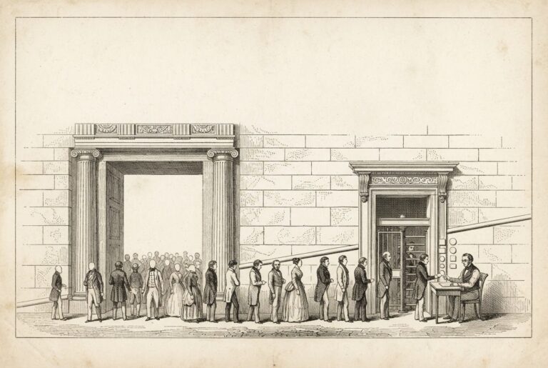 An engraving of a marble ceiling marked with a rising dollar line that small figures walk under freely, while a turnstile gate ahead checks business-shaped badges.