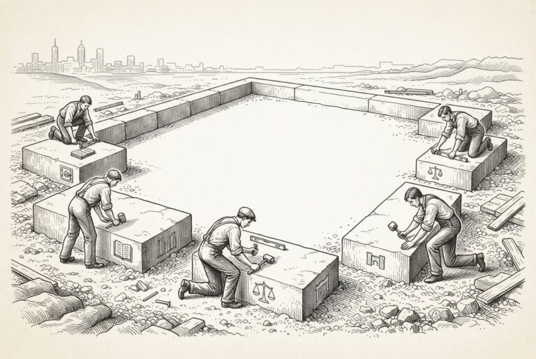 Pen-and-ink engraving of workers laying five stone foundation blocks around the empty rectangular footprint of a structure that does not yet exist - the institutional stablecoin infrastructure completing ahead of the regulatory framework