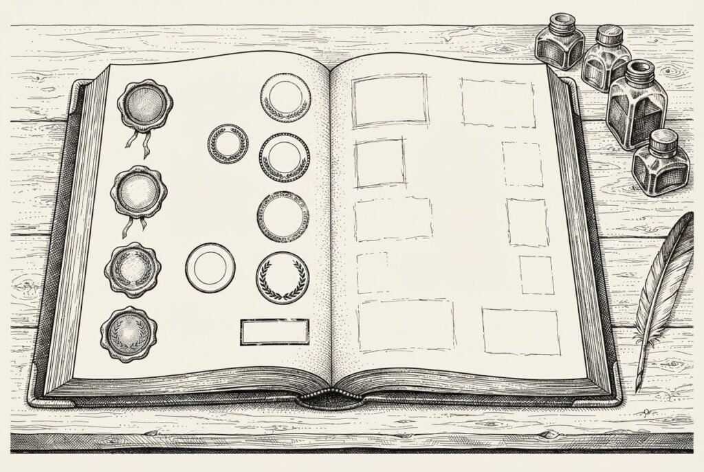 A 19th-century allegorical still life: a large open ledger on a desk, the left page filled with rows of blank wax seals and stamps representing shipped products, while the right page carries only faint, sketchy outlines representing the roadmap.