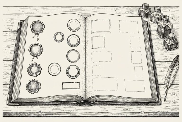 A 19th-century allegorical still life: a large open ledger on a desk, the left page filled with rows of blank wax seals and stamps representing shipped products, while the right page carries only faint, sketchy outlines representing the roadmap.