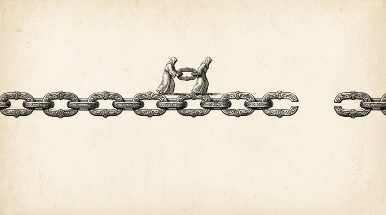 Pen-and-ink engraving of an ornate chain of engraved links spanning the frame, complete on the left, stopping short on the right with one link missing as two small faceless figures carry a replacement link toward the gap.