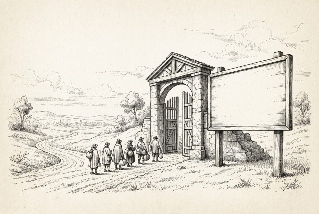 An engraved landscape of travellers halted at an open customs gate beside a proclamation board that stands completely blank and unwritten.