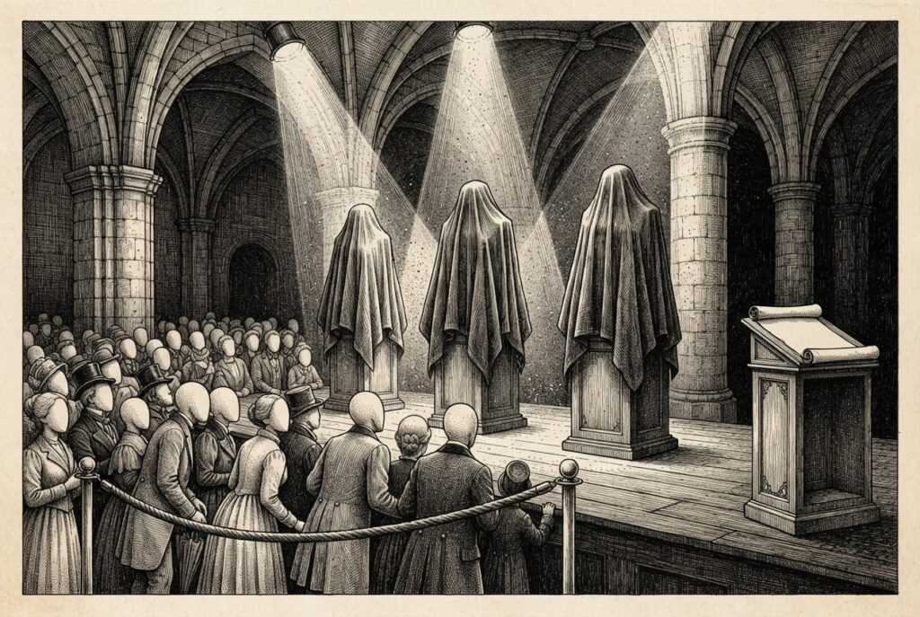 Monochrome pen-and-ink engraving of three shrouded pedestals under dusty spotlights in a stone hall while a crowd waits behind a velvet rope.