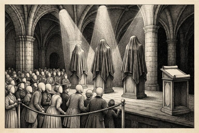 Monochrome pen-and-ink engraving of three shrouded pedestals under dusty spotlights in a stone hall while a crowd waits behind a velvet rope.