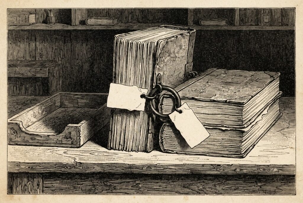 Two unequal document stacks bound as one by a ring-clasp through identical blank paper slips on a wooden desk, with an empty inspection tray beside them. Metaphor: two different identities falsely unified without inspection.
