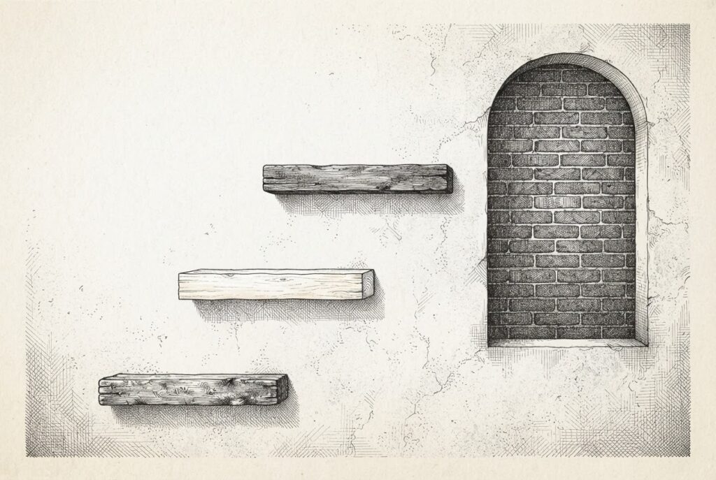 A pen-and-ink engraving of three wooden ladder rungs fixed to a wall at rising heights, the middle rung newly cut and bright beside the older worn rungs, with a tall window opening bricked up solid beside them.