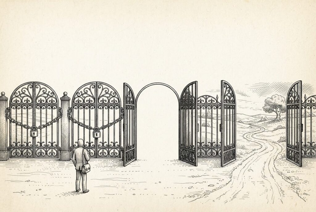 An engraved landscape of six gates in a long iron fence: two chained shut, two open onto empty void, and only two with a road running through, as a lone traveller halts before them.
