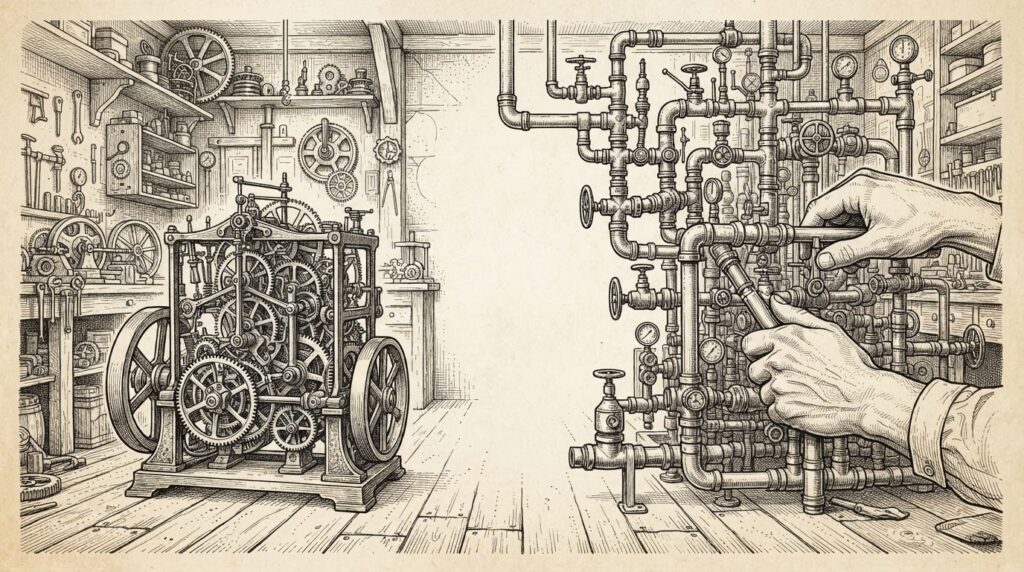 Pen-and-ink engraving of an exposed clockwork engine sitting in the left portion of the frame while working hands from outside assemble pipes, manifold blocks, and a tall routing valve around it on the right, with a visible architectural gap between the freely given engine and the plumbing that would make it run as a complete service. Metaphorical illustration for the llm-d 1.0 distributed inference stack.