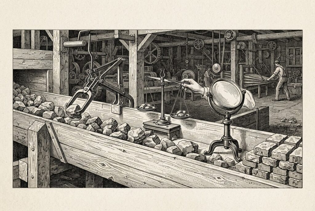 A 19th-century engraved ore-sorting works: raw ore chunks ride an open wooden chute past three stations, a magnetized arm reaching down, a tipping iron balance scale, and a magnifying lens on an iron stand, with sorted bricks stacked at the end.