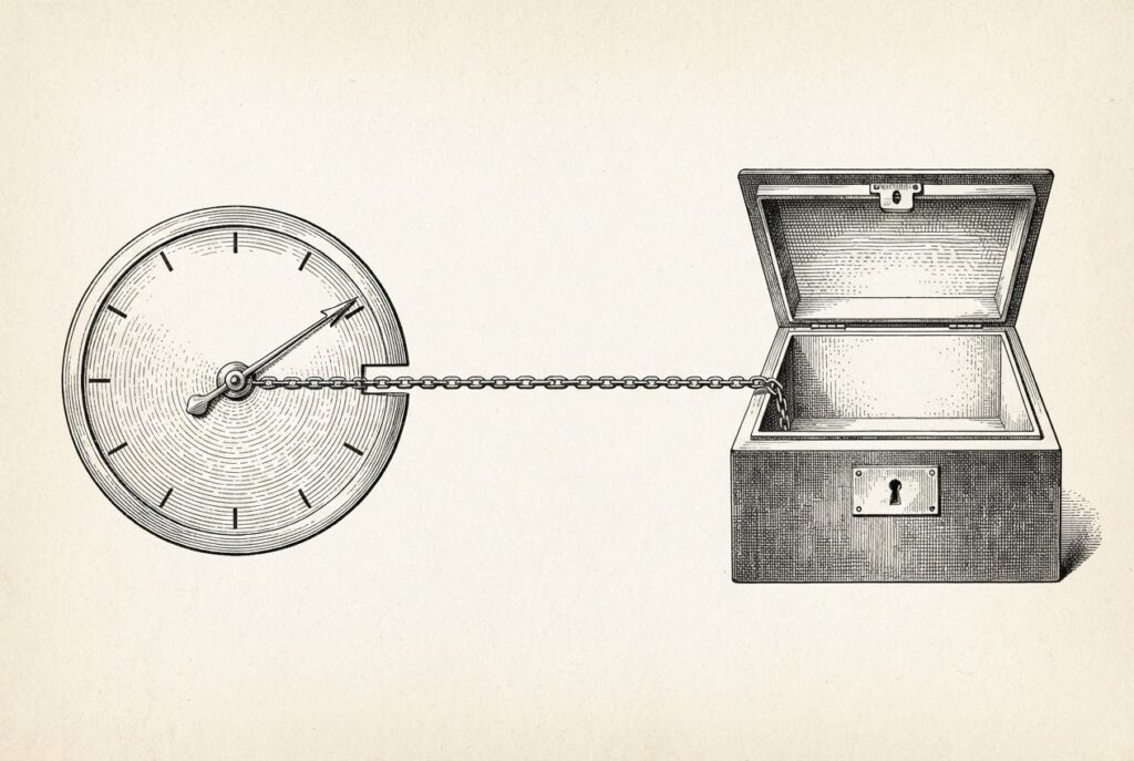 An engraved plate of a countdown dial whose pointer has swept past the marked notch, chained to a strongbox that hangs open and completely empty.