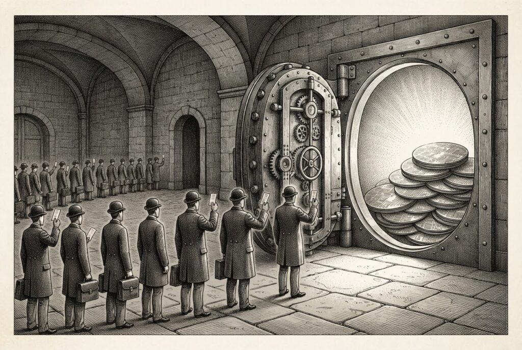 Monochrome pen-and-ink engraving of a massive, heavy iron vault door in a stone hall that is slightly ajar, revealing a glowing pile of circular silicon wafers within. A long, orderly line of faceless figures in 19th-century business attire stretches into the distance, each person holding a small paper ticket.