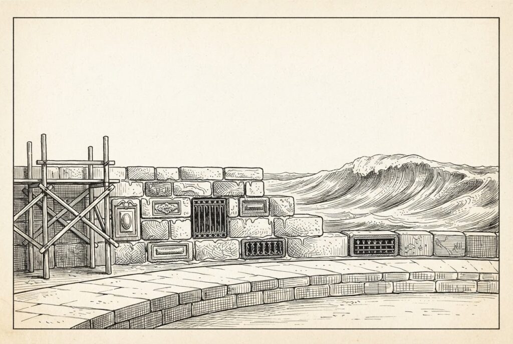 Monochrome pen-and-ink engraving of a freshly built breakwater of mismatched masonry blocks, scaffolding still leaning on one end, standing empty and untested while a large ocean swell rolls in from the horizon - the first load the wall will ever face, with no inspector present.