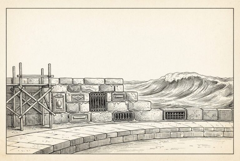 Monochrome pen-and-ink engraving of a freshly built breakwater of mismatched masonry blocks, scaffolding still leaning on one end, standing empty and untested while a large ocean swell rolls in from the horizon - the first load the wall will ever face, with no inspector present.