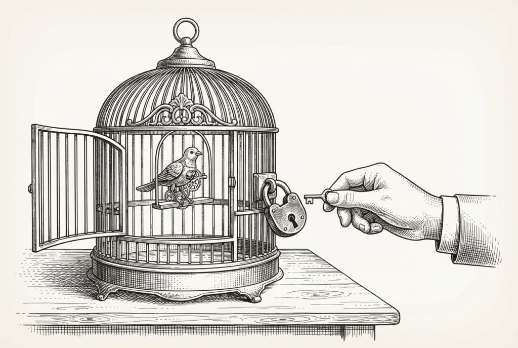 Ink illustration of an open birdcage with an automaton bird inside and a hand winding a heavy padlock on the outside.