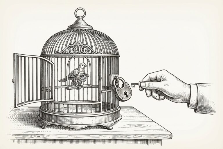 Ink illustration of an open birdcage with an automaton bird inside and a hand winding a heavy padlock on the outside.