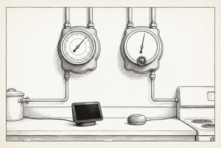 An engraving of two ornate domestic doorways side by side, one polished and one rough, both with identical small gauges mounted at their base measuring consumption rather than safety.