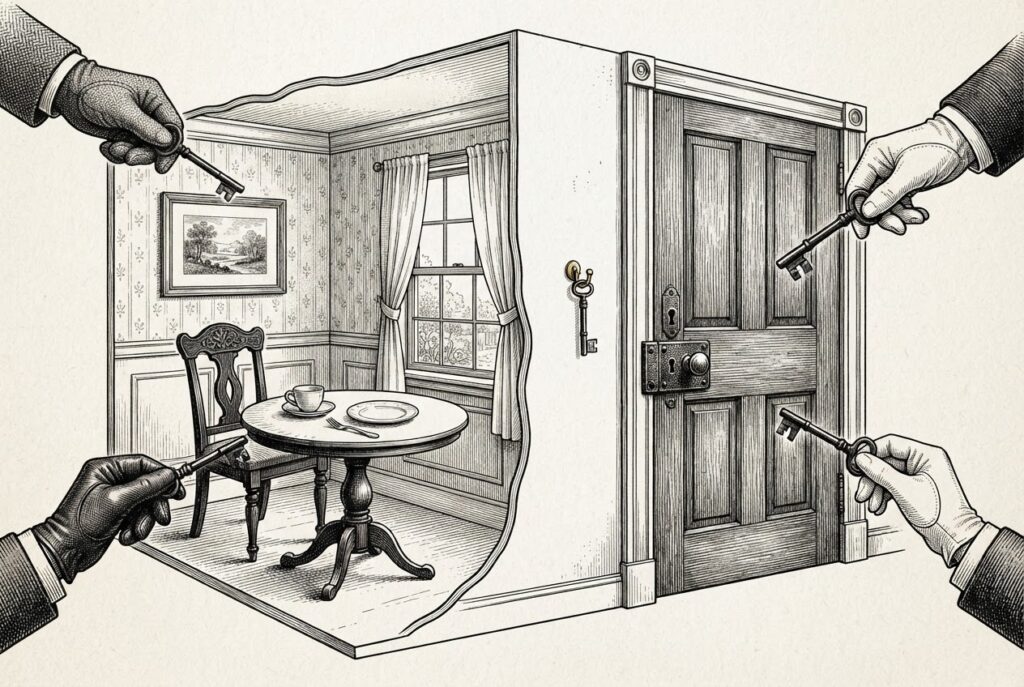Engraved cutaway of an empty breakfast room with the residents absent: an empty chair and an untouched cup at the table, four faceless gloved hands entering from the frame edges with ornate keys toward the front door lock, and the family's own key hanging alone on its hook.