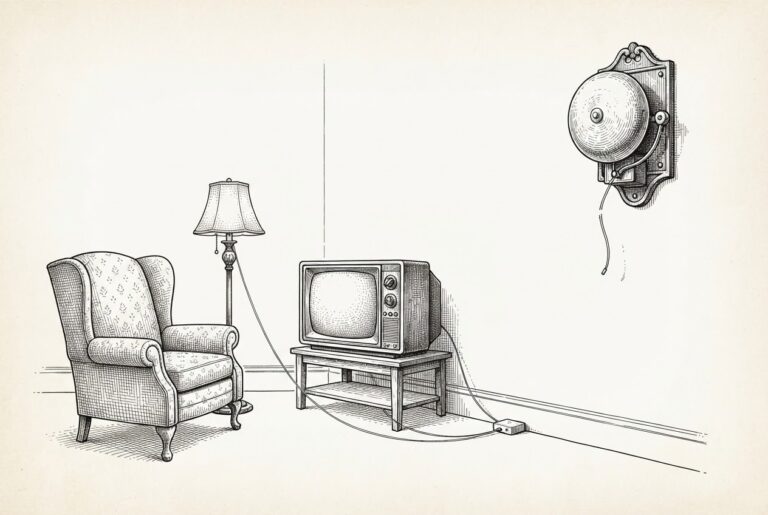 Engraved illustration of a cozy living room where a floor lamp and television are connected by taut threads to a small baseboard dongle, while a large fire-alarm bell high on the wall hangs unwired with its thread severed and dangling.