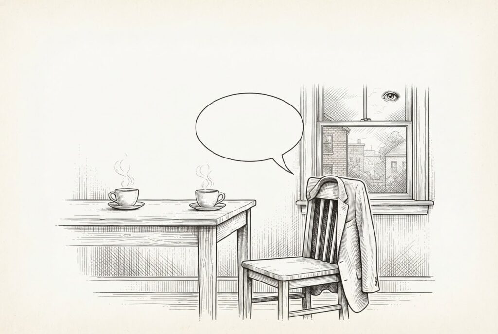 Engraved pen-and-ink illustration of a breakfast table with two steaming coffee cups and one empty chair draped with a jacket; a blank speech balloon hovers above the vacant chair and a small eye motif watches from the window.