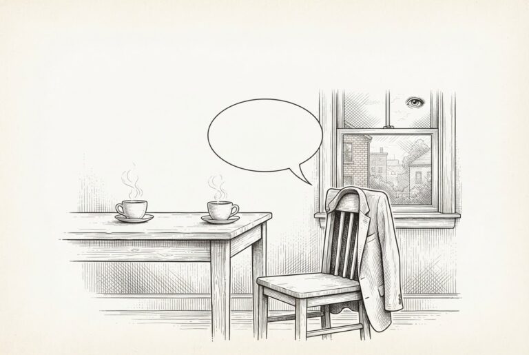 Engraved pen-and-ink illustration of a breakfast table with two steaming coffee cups and one empty chair draped with a jacket; a blank speech balloon hovers above the vacant chair and a small eye motif watches from the window.