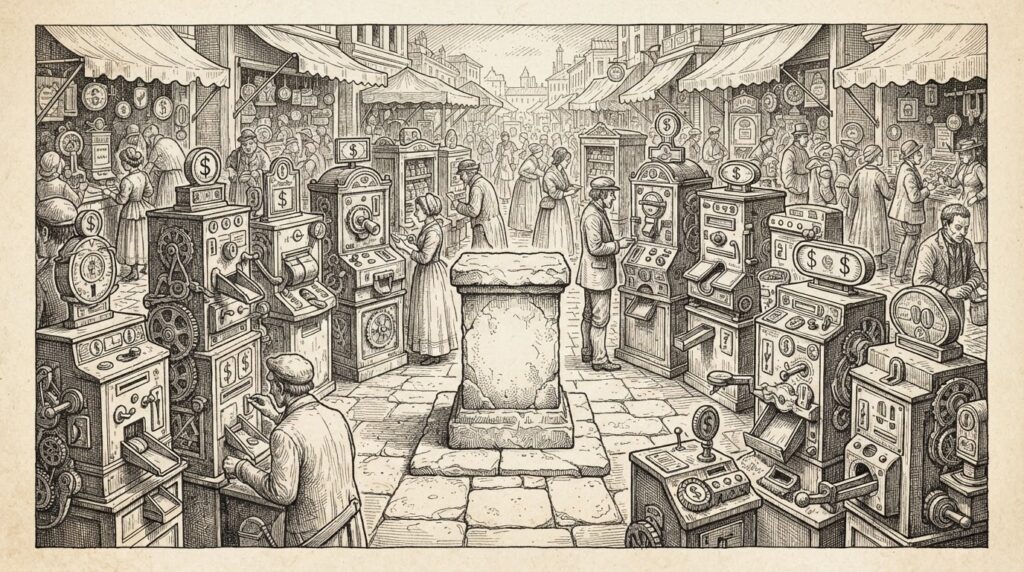 Pen-and-ink engraving of an empty stone pedestal at the center of a marketplace, surrounded by mechanical vending machines and toll-gate devices with coin slots and dispensing arms - the absence of a price tag as the focal point, representing Apple's deliberate pricing silence against a landscape of subscription-heavy competitors.