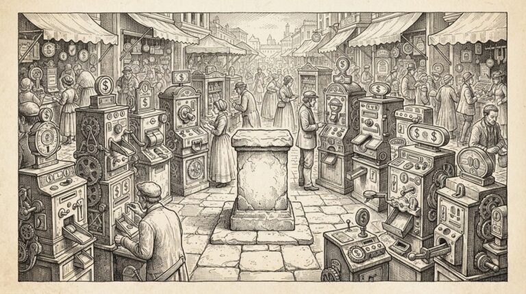 Pen-and-ink engraving of an empty stone pedestal at the center of a marketplace, surrounded by mechanical vending machines and toll-gate devices with coin slots and dispensing arms - the absence of a price tag as the focal point, representing Apple's deliberate pricing silence against a landscape of subscription-heavy competitors.